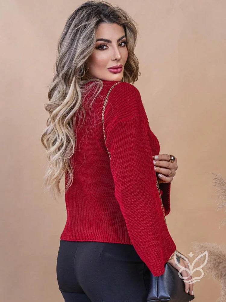 Blusa Tricot Cropped com Manga Longa Flare Blusa Tricot Cropped com Manga Longa Flare