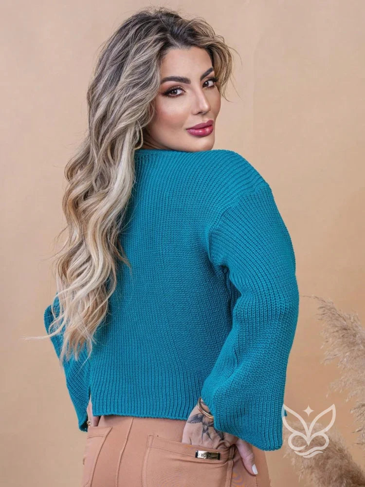 Blusa Tricot Cropped com Manga Longa Flare Blusa Tricot Cropped com Manga Longa Flare