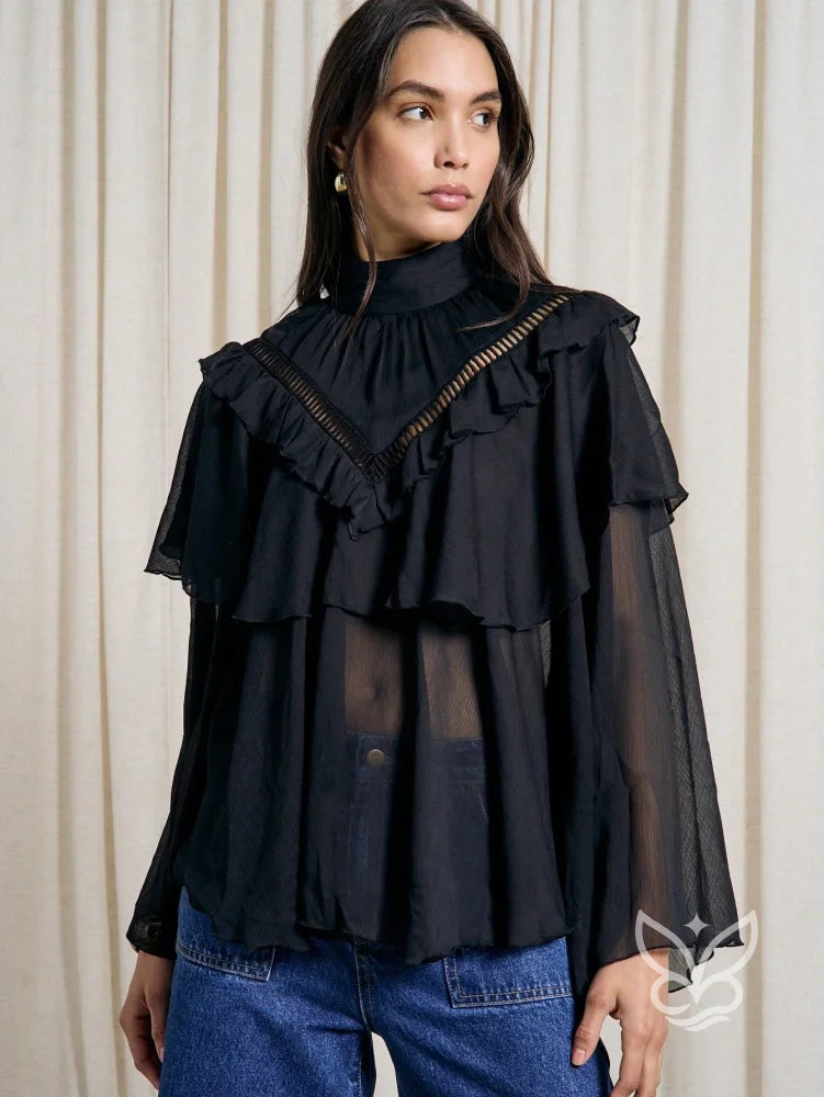 Blusa Tule Boho Com Gola Alta Babados E Manga Longa Preto / PP Blusa Tule Boho Com Gola Alta Babados E Manga Longa