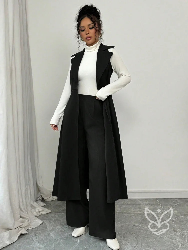 Conjunto Alfaiataria Com Colete Alongado E Calça Pantalona Conjunto Alfaiataria Com Cropped Manga Bufante E Saia Curta