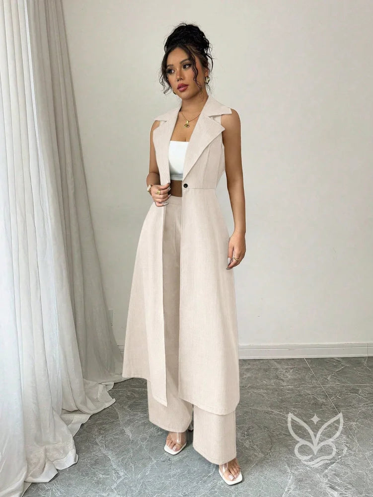 Conjunto Alfaiataria Com Colete Alongado E Calça Pantalona Conjunto Alfaiataria Com Cropped Manga Bufante E Saia Curta