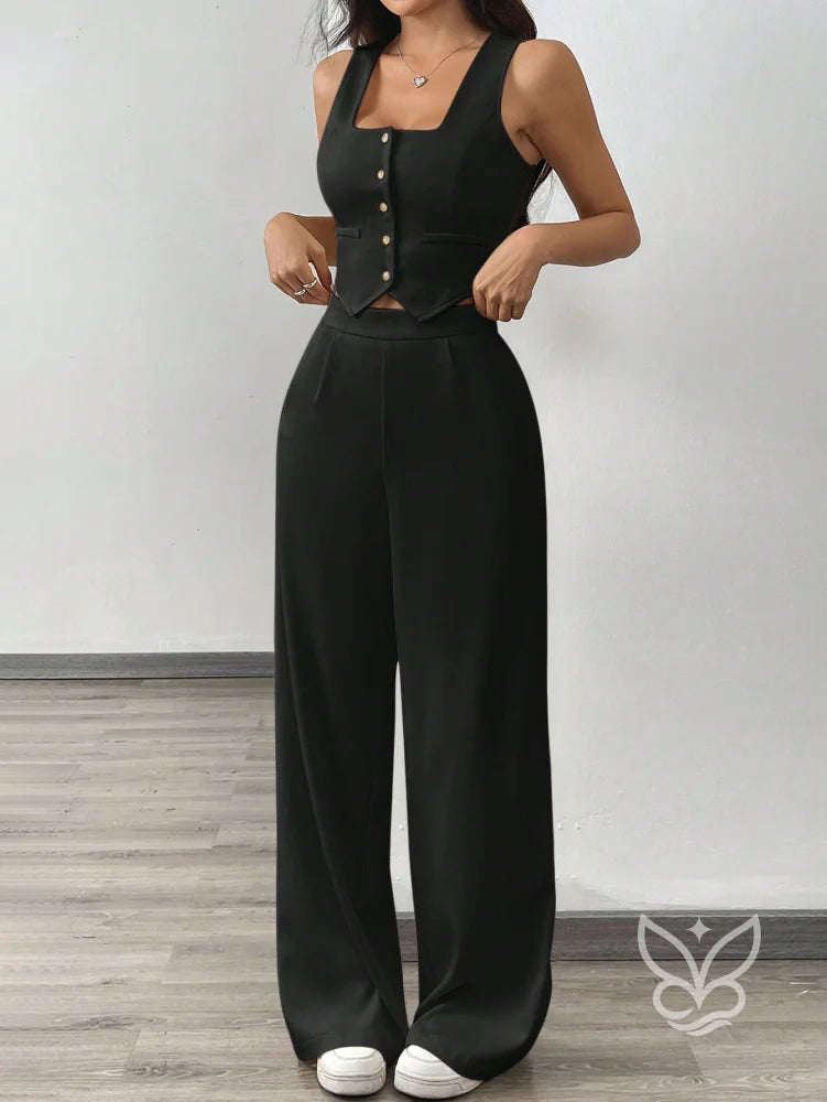 Conjunto Alfaiataria Com Cropped De Alças Largas E Calça Pantalona Preto / PP Conjunto Alfaiataria Com Cropped De Alças