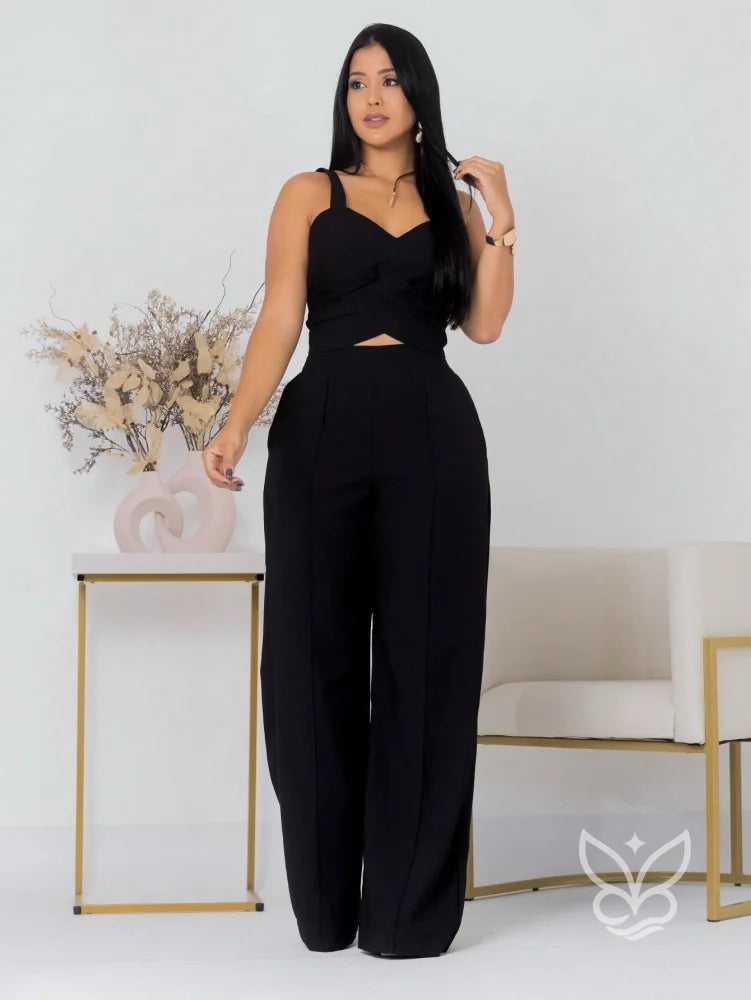 Conjunto Alfaiataria Com Regata De Alças Largas E Calça Pantalona Preto / PP Conjunto Alfaiataria Com Regata De Alças