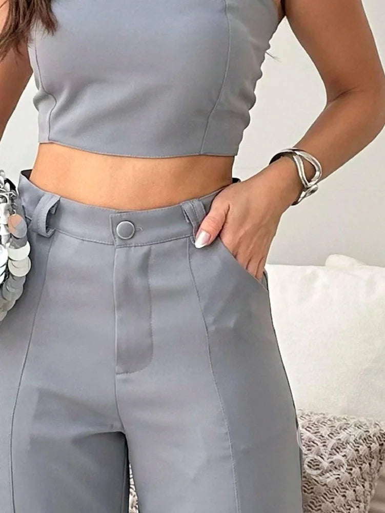 Conjunto Alfaiataria Com Top Tomara Que Caia E Calça Pantalona Flare Conjunto Alfaiataria Com Top Tomara Que Caia E