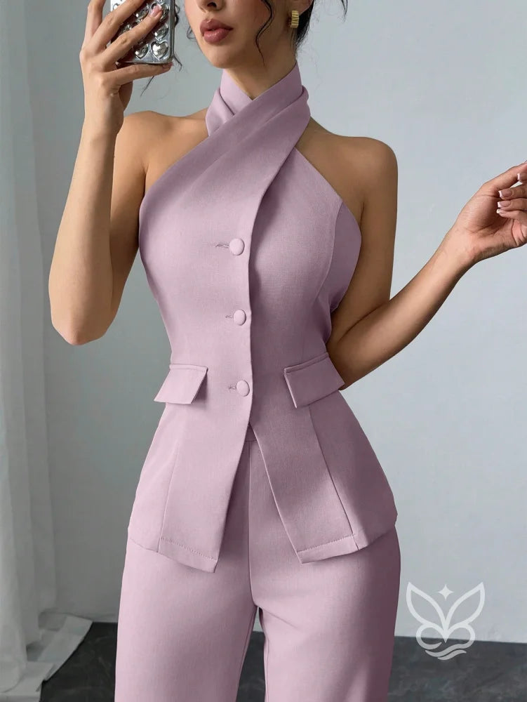 Conjunto Blusa Gola Alta Com Botões E Calça Pantalona Conjunto Blusa Gola Alta Com Botões E Calça Pantalona
