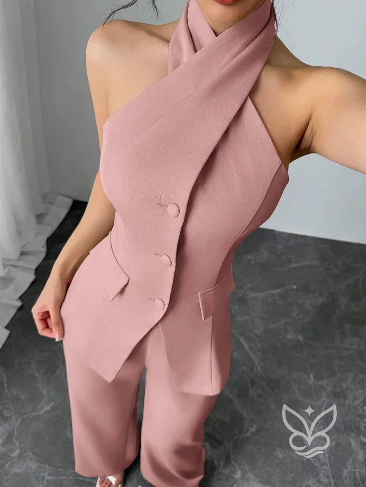 Conjunto Blusa Gola Alta Com Botões E Calça Pantalona Conjunto Blusa Gola Alta Com Botões E Calça Pantalona