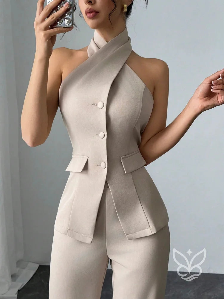 Conjunto Blusa Gola Alta Com Botões E Calça Pantalona Conjunto Blusa Gola Alta Com Botões E Calça Pantalona
