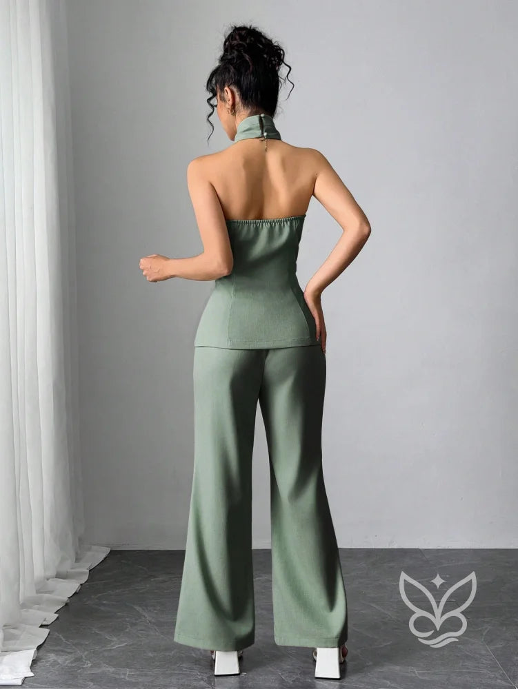 Conjunto Blusa Gola Alta Com Botões E Calça Pantalona Conjunto Blusa Gola Alta Com Botões E Calça Pantalona