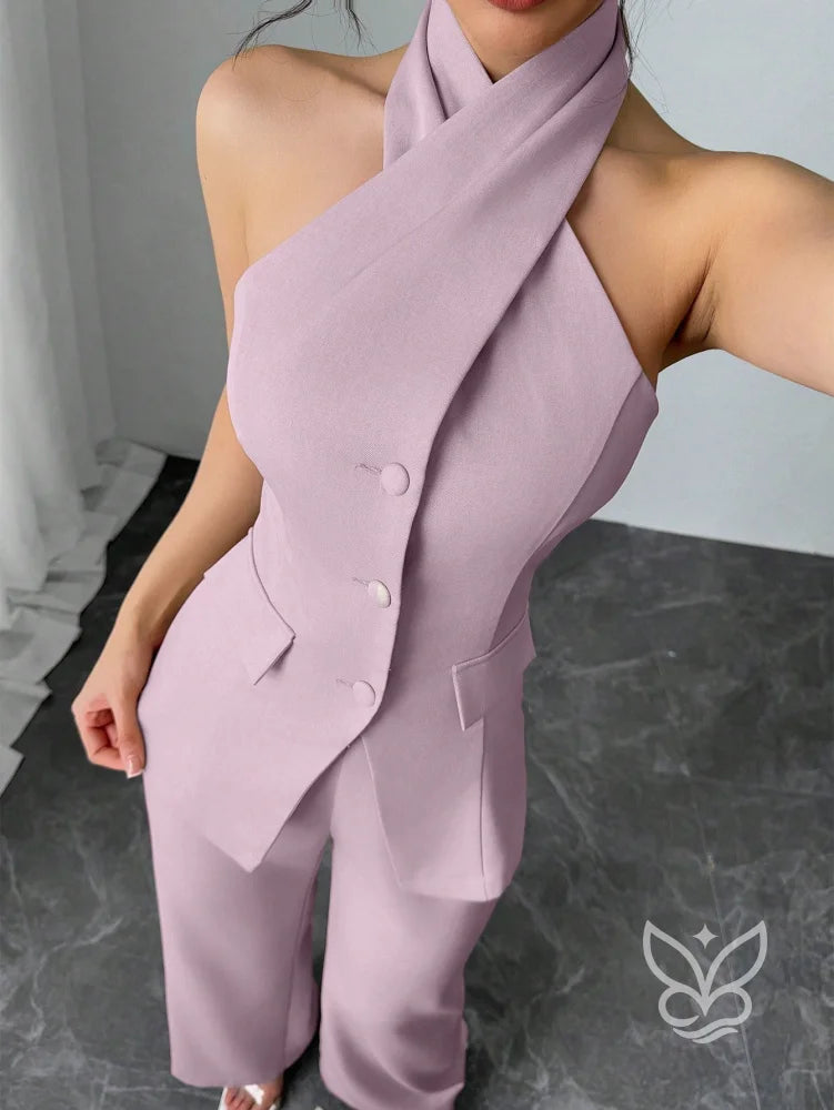 Conjunto Blusa Gola Alta Com Botões E Calça Pantalona Conjunto Blusa Gola Alta Com Botões E Calça Pantalona