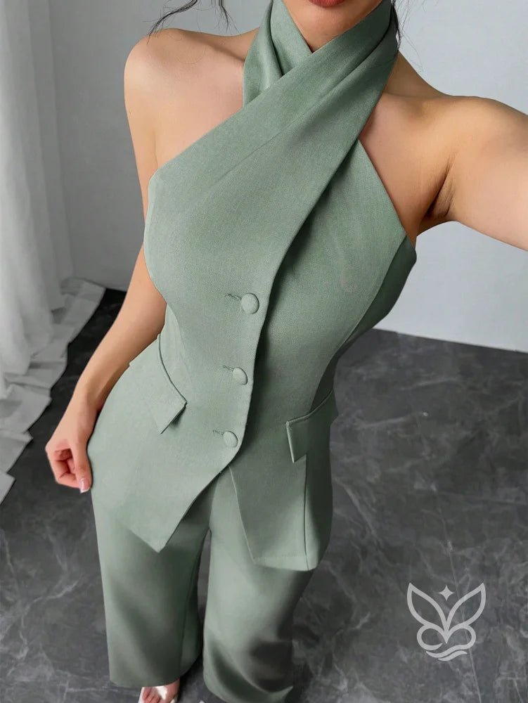 Conjunto Blusa Gola Alta Com Botões E Calça Pantalona Conjunto Blusa Gola Alta Com Botões E Calça Pantalona