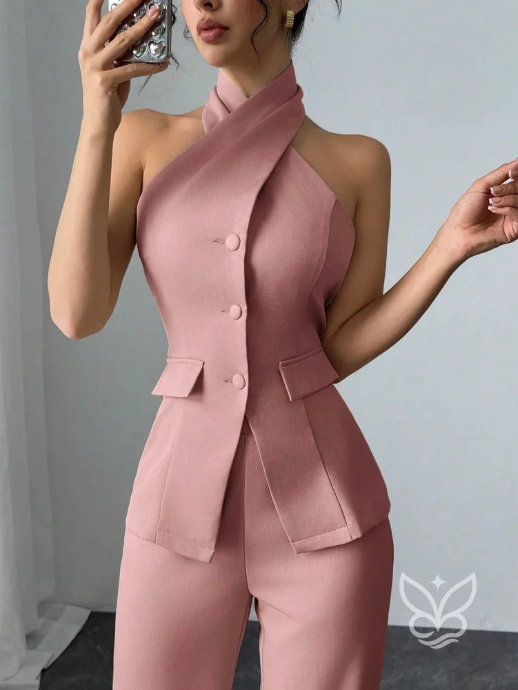 Conjunto Blusa Gola Alta Com Botões E Calça Pantalona Conjunto Blusa Gola Alta Com Botões E Calça Pantalona