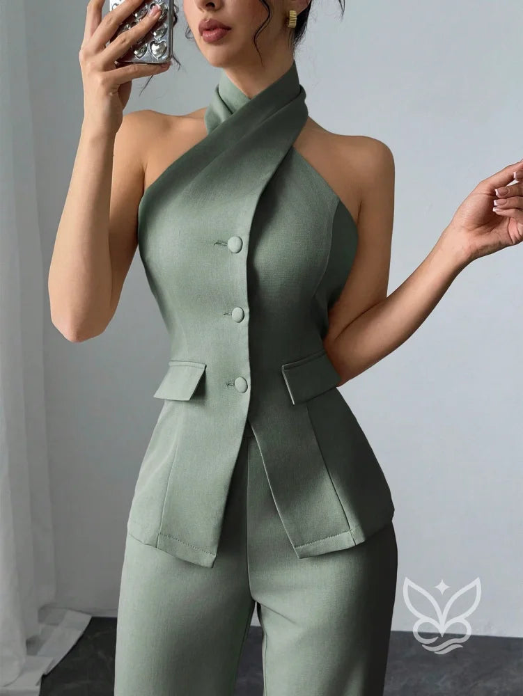 Conjunto Blusa Gola Alta Com Botões E Calça Pantalona Conjunto Blusa Gola Alta Com Botões E Calça Pantalona