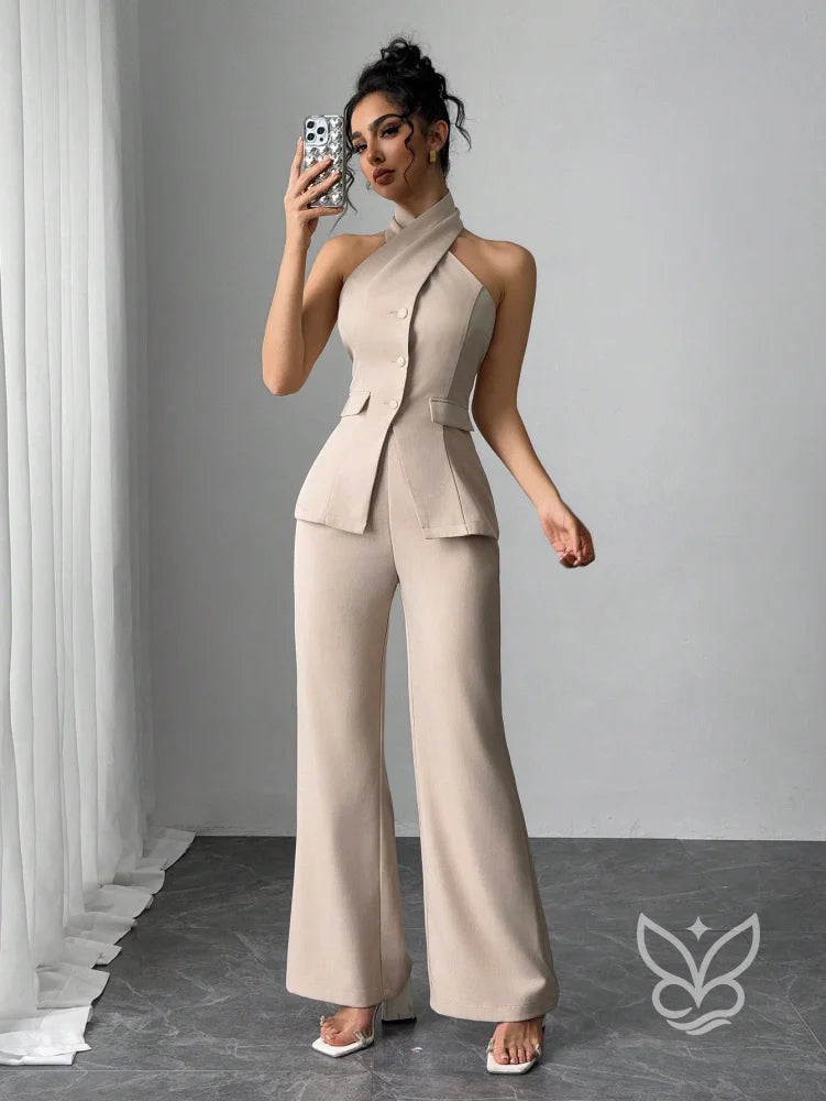 Conjunto Blusa Gola Alta Com Botões E Calça Pantalona Damasco / PP Conjunto Blusa Gola Alta Com Botões E Calça Pantalona