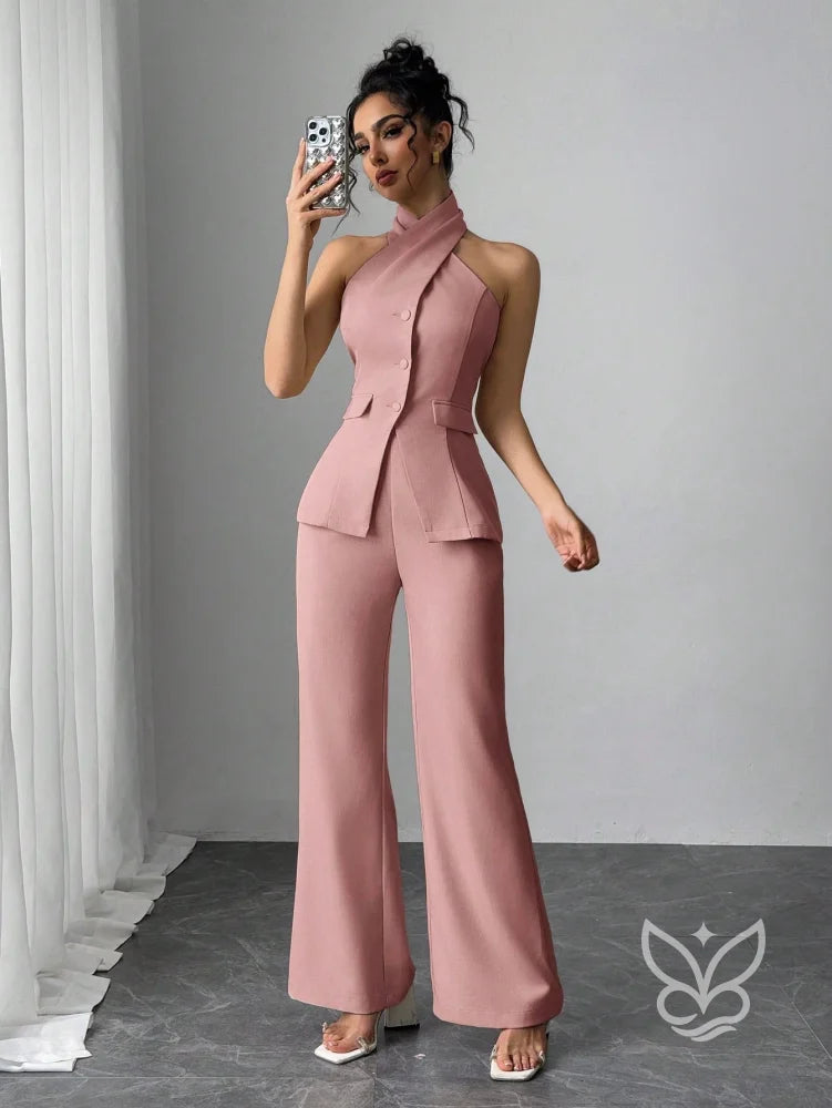 Conjunto Blusa Gola Alta Com Botões E Calça Pantalona Rosa Chiclete / PP Conjunto Blusa Gola Alta Com Botões E Calça
