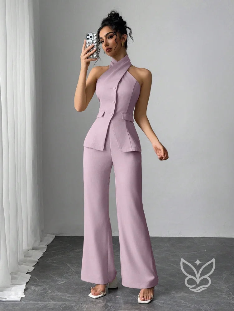 Conjunto Blusa Gola Alta Com Botões E Calça Pantalona Roxo / PP Conjunto Blusa Gola Alta Com Botões E Calça Pantalona