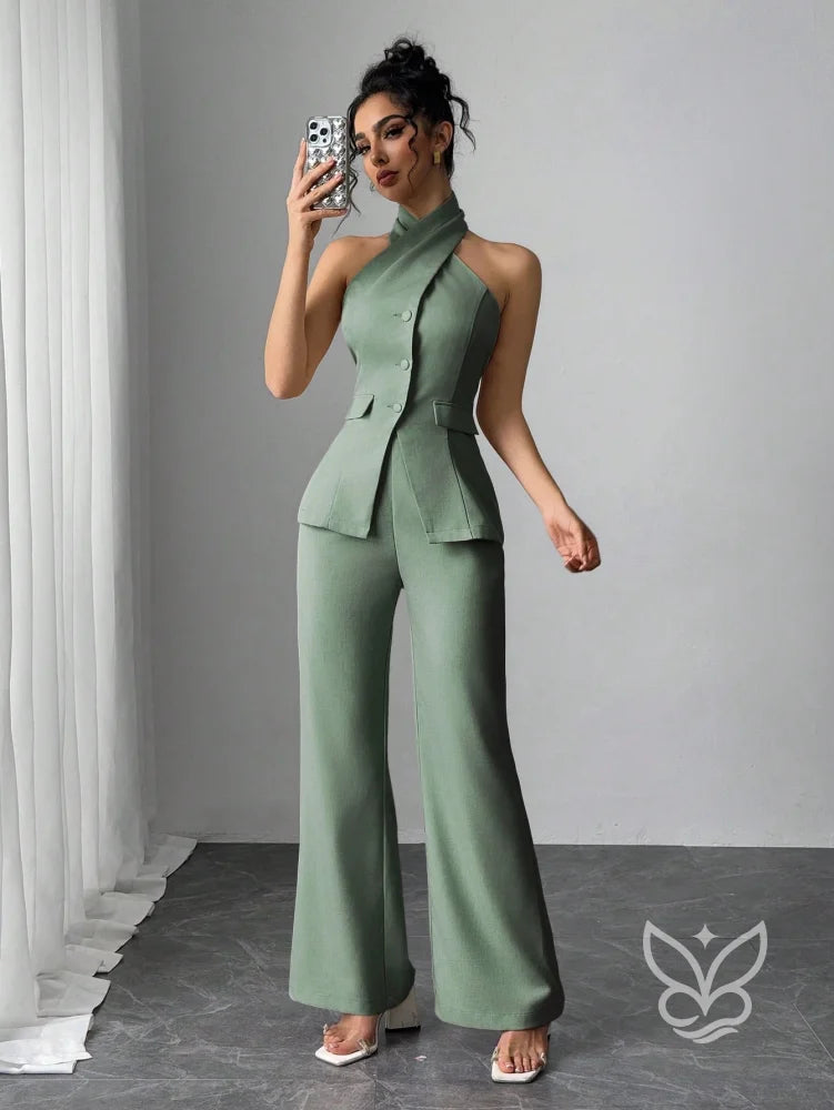Conjunto Blusa Gola Alta Com Botões E Calça Pantalona Verde Menta / PP Conjunto Blusa Gola Alta Com Botões E Calça