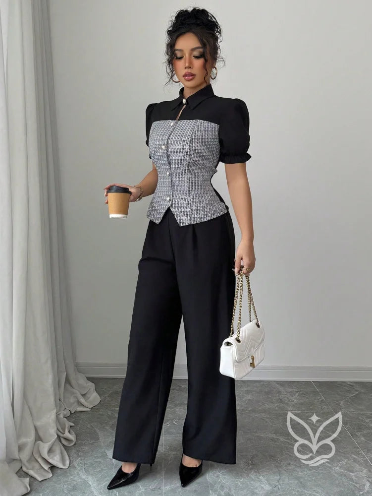 Conjunto Blusa Manga Bufante Com Colete Xadrez E Calça Pantalona Conjunto Blusa Manga Bufante Com Colete Xadrez E Calça