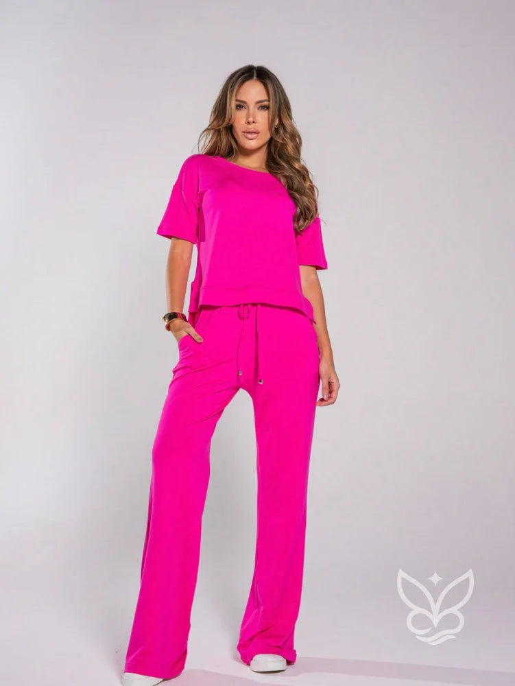Conjunto Blusa Manga Curta Com Calça Flare Rosa Pink / P Conjunto Blusa Manga Curta Com Calça Flare