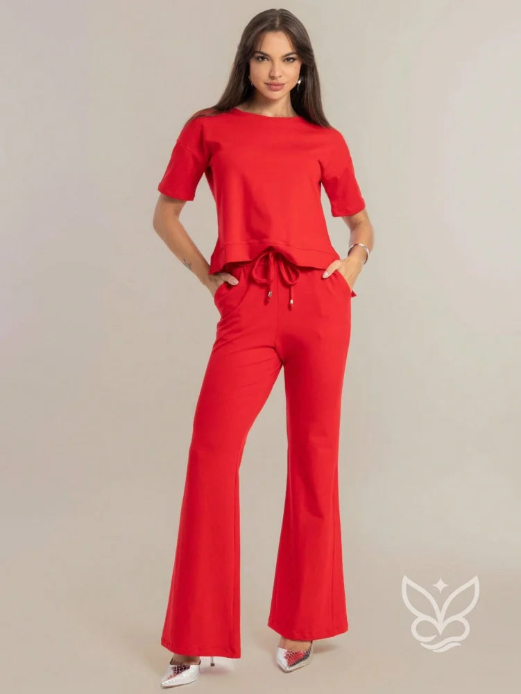 Conjunto Blusa Manga Curta Com Calça Flare Vermelho / P Conjunto Blusa Manga Curta Com Calça Flare