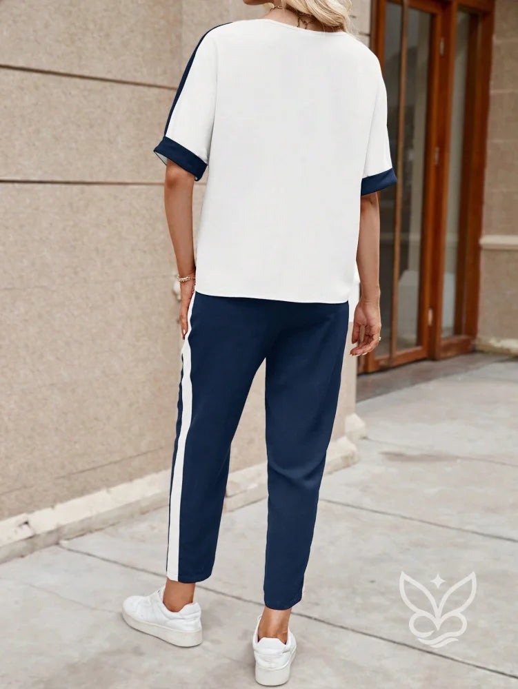 Conjunto Casual Com Blusa Bicolor E Calça De Alfaiataria Moderna Conjunto Casual Com Blusa Bicolor E Calça De