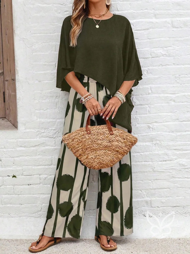 Conjunto Co-ord Estampado Com Blusa Assimétrica E Calça Pantalona Conjunto Co-ord Estampado Com Blusa Assimétrica E