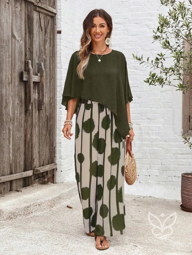 Conjunto Co-ord Estampado Com Blusa Assimétrica E Calça Pantalona Conjunto Co-ord Estampado Com Blusa Assimétrica E