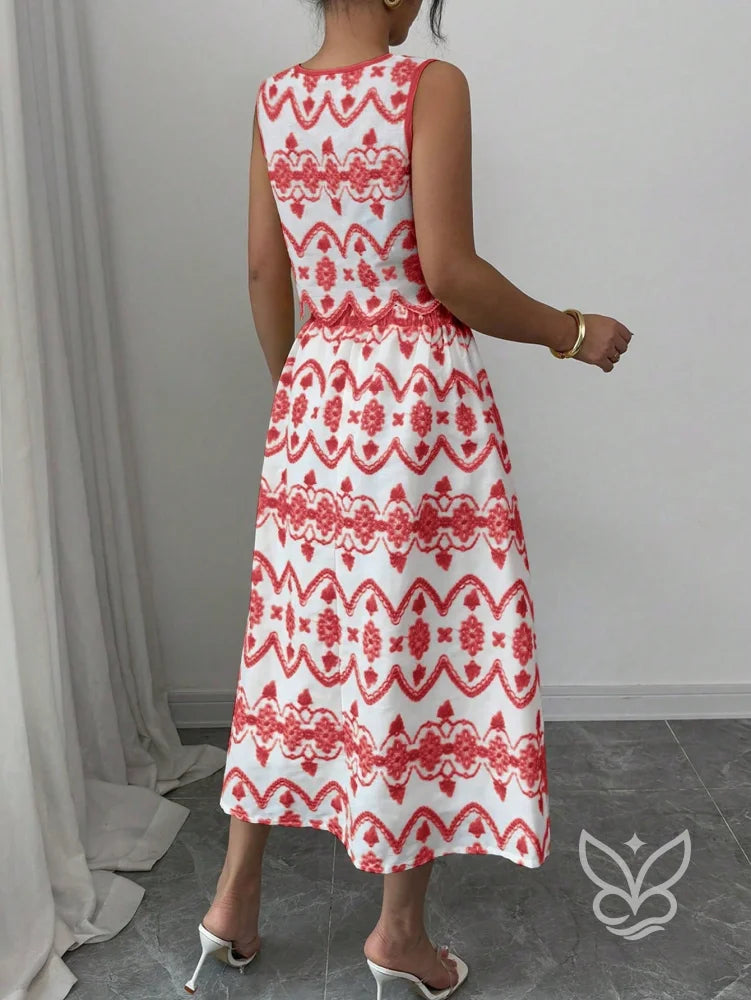 Conjunto Co-ord Estampado Com Cropped E Saia Midi Evasê Conjunto Co-ord Estampado Com Cropped E Saia Midi Evasê