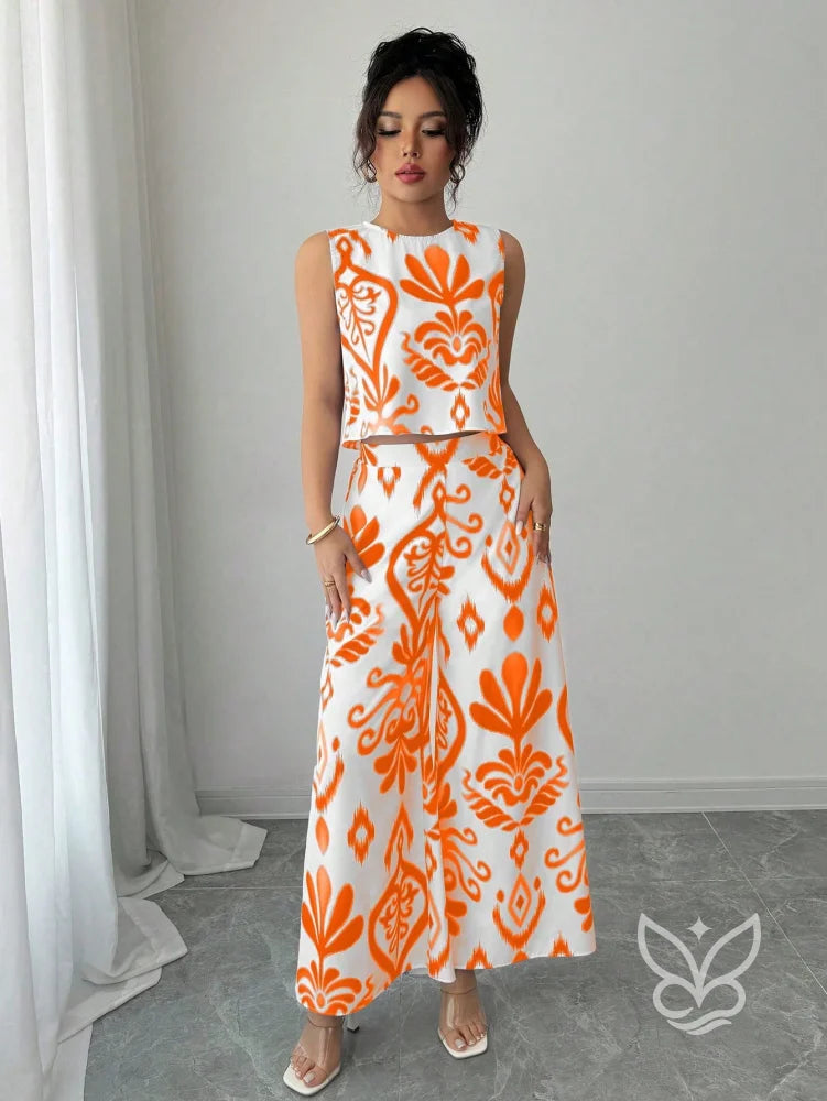 Conjunto Co-ord Estampado Com Regata E Calça Pantalona Flare Conjunto Co-ord Estampado Com Regata E Calça Pantalona