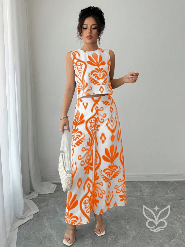 Conjunto Co-ord Estampado Com Regata E Calça Pantalona Flare Conjunto Co-ord Estampado Com Regata E Calça Pantalona