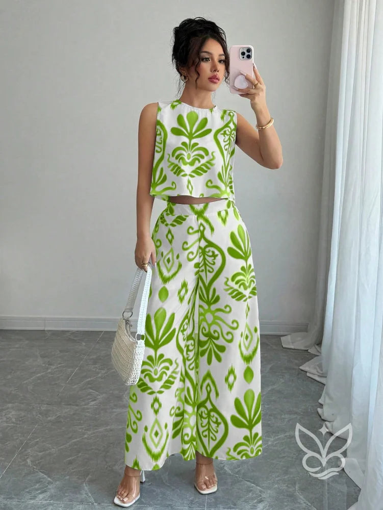 Conjunto Co-ord Estampado Com Regata E Calça Pantalona Flare Verde / PP Conjunto Co-ord Estampado Com Regata E Calça