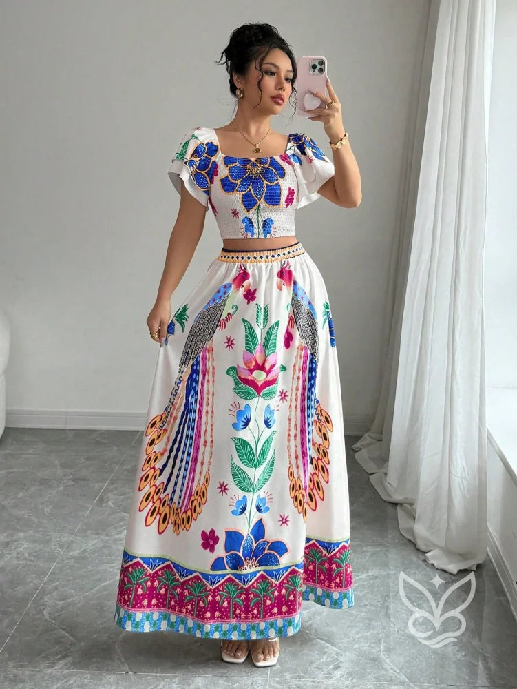 Conjunto Co-ord Floral Com Cropped Manga Bufante E Saia Longa Evasê Conjunto Co-ord Floral Com Cropped Manga Bufante E