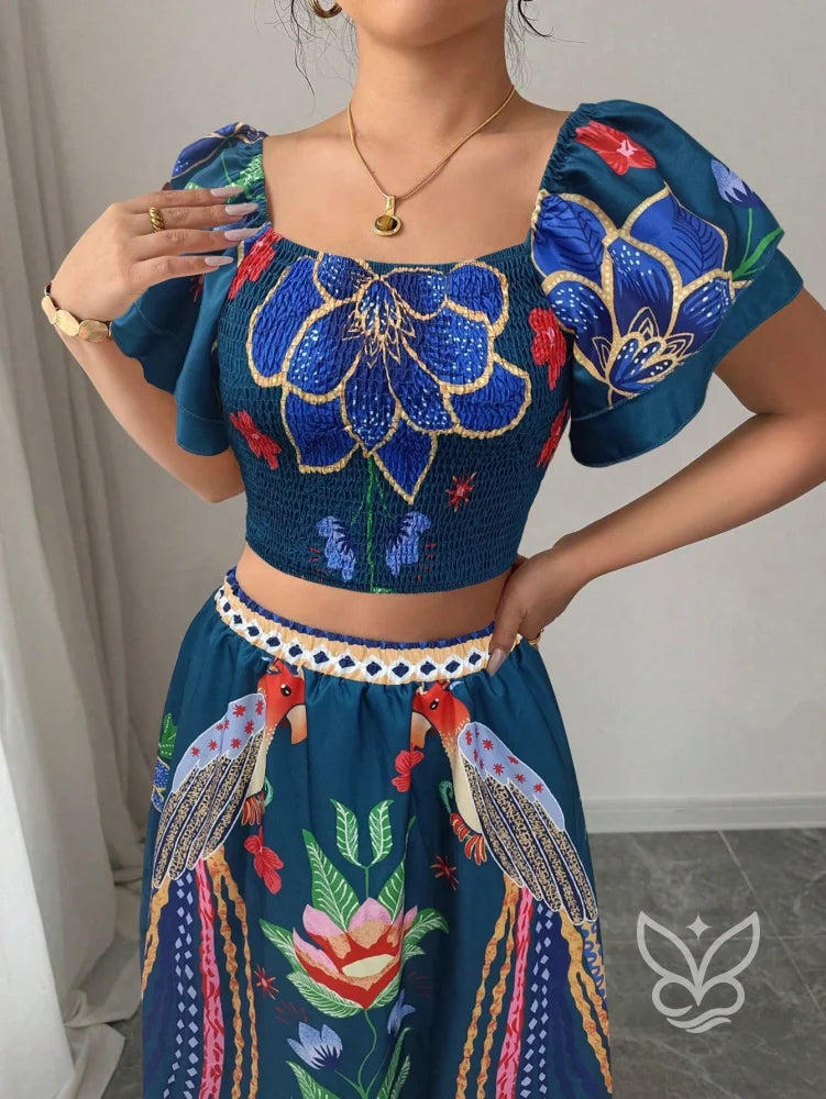 Conjunto Co-ord Floral Com Cropped Manga Bufante E Saia Longa Evasê Conjunto Co-ord Floral Com Cropped Manga Bufante E