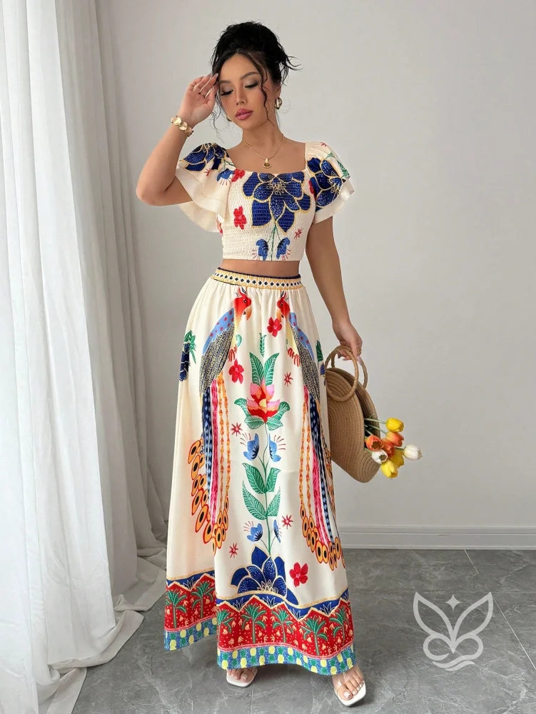 Conjunto Co-ord Floral Com Cropped Manga Bufante E Saia Longa Evasê Conjunto Co-ord Floral Com Cropped Manga Bufante E