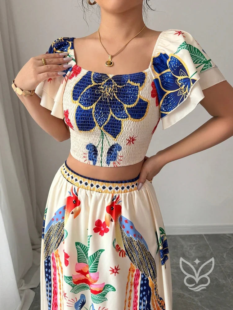 Conjunto Co-ord Floral Com Cropped Manga Bufante E Saia Longa Evasê Conjunto Co-ord Floral Com Cropped Manga Bufante E