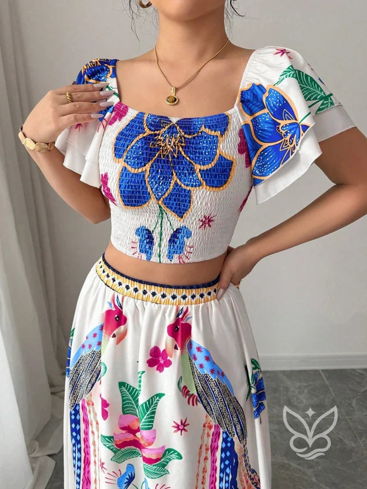 Conjunto Co-ord Floral Com Cropped Manga Bufante E Saia Longa Evasê Conjunto Co-ord Floral Com Cropped Manga Bufante E