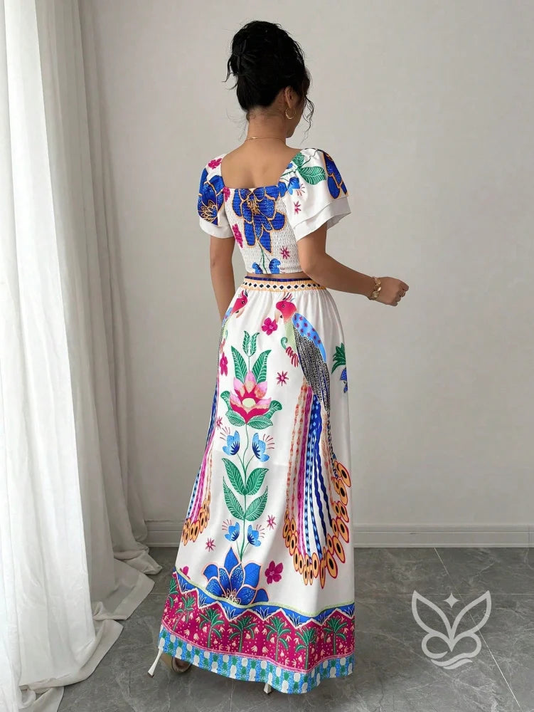 Conjunto Co-ord Floral Com Cropped Manga Bufante E Saia Longa Evasê Conjunto Co-ord Floral Com Cropped Manga Bufante E