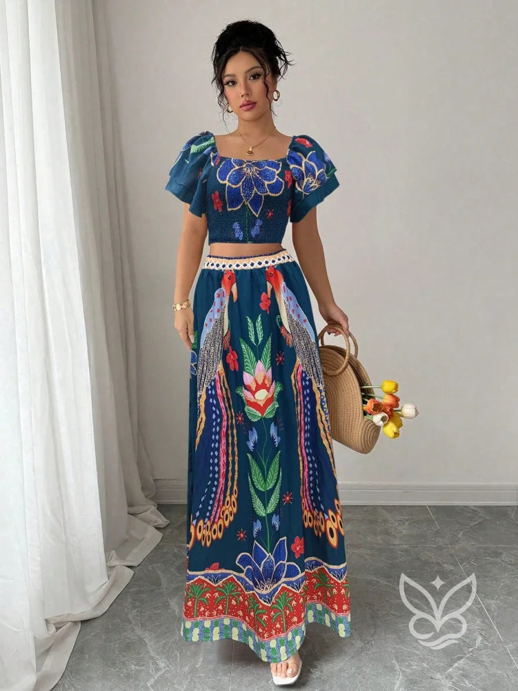 Conjunto Co-ord Floral Com Cropped Manga Bufante E Saia Longa Evasê Conjunto Co-ord Floral Com Cropped Manga Bufante E