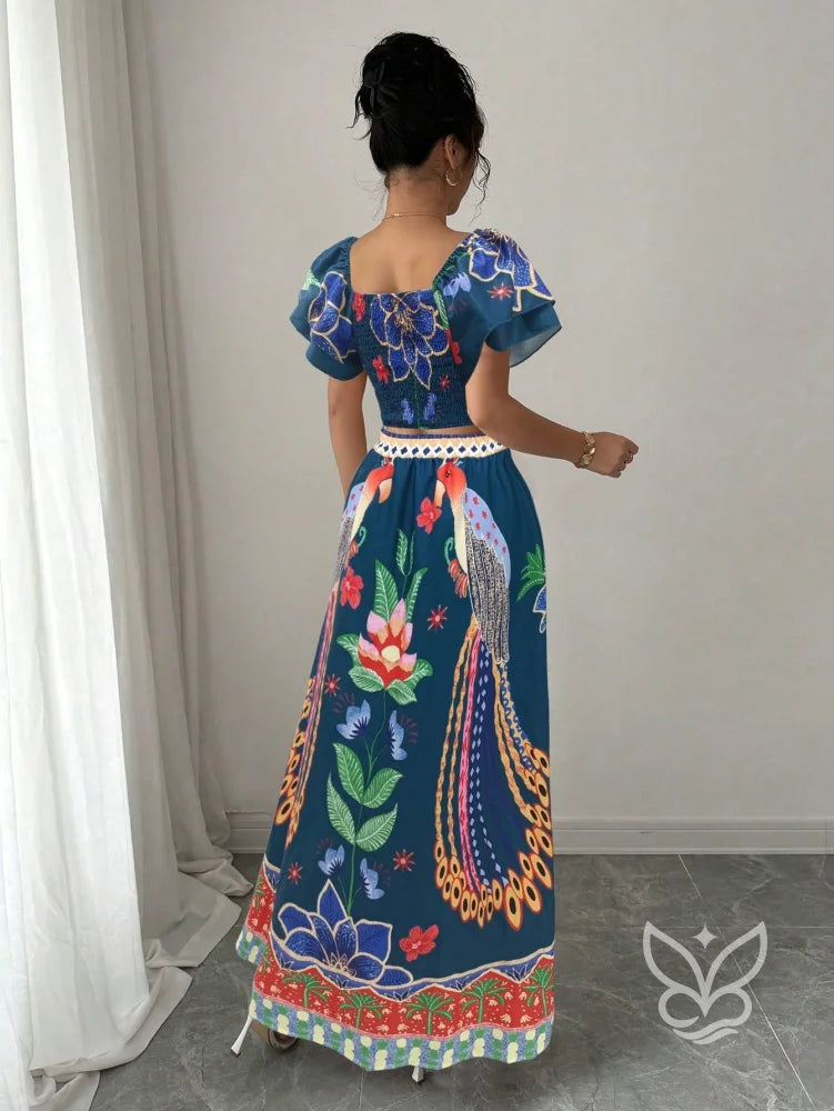 Conjunto Co-ord Floral Com Cropped Manga Bufante E Saia Longa Evasê Conjunto Co-ord Floral Com Cropped Manga Bufante E