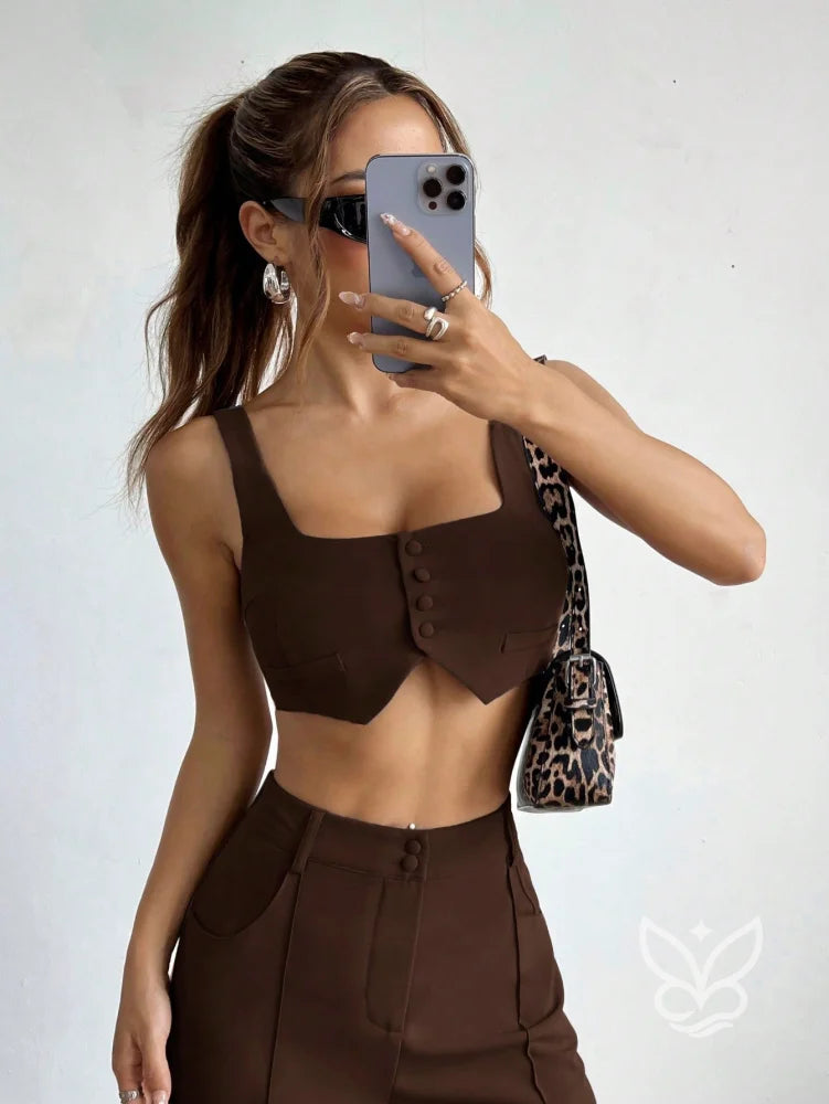 Conjunto Colete Alças Grossas Botões Frontais E Calça Pantalona Conjunto Colete Alças Grossas Botões Frontais E Calça