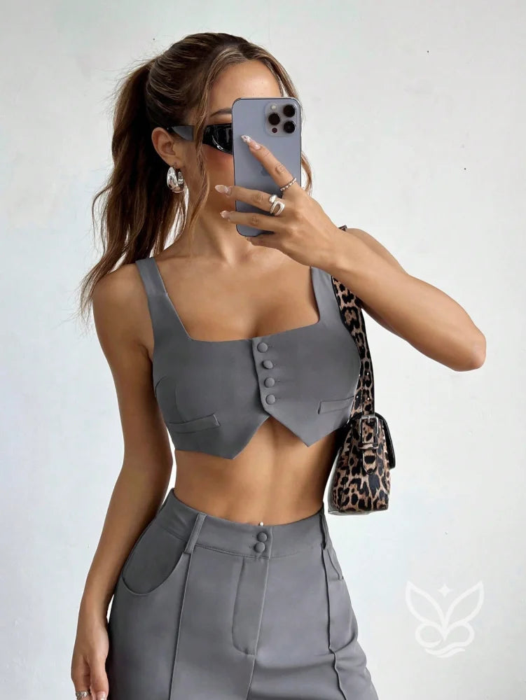 Conjunto Colete Alças Grossas Botões Frontais E Calça Pantalona Conjunto Colete Alças Grossas Botões Frontais E Calça