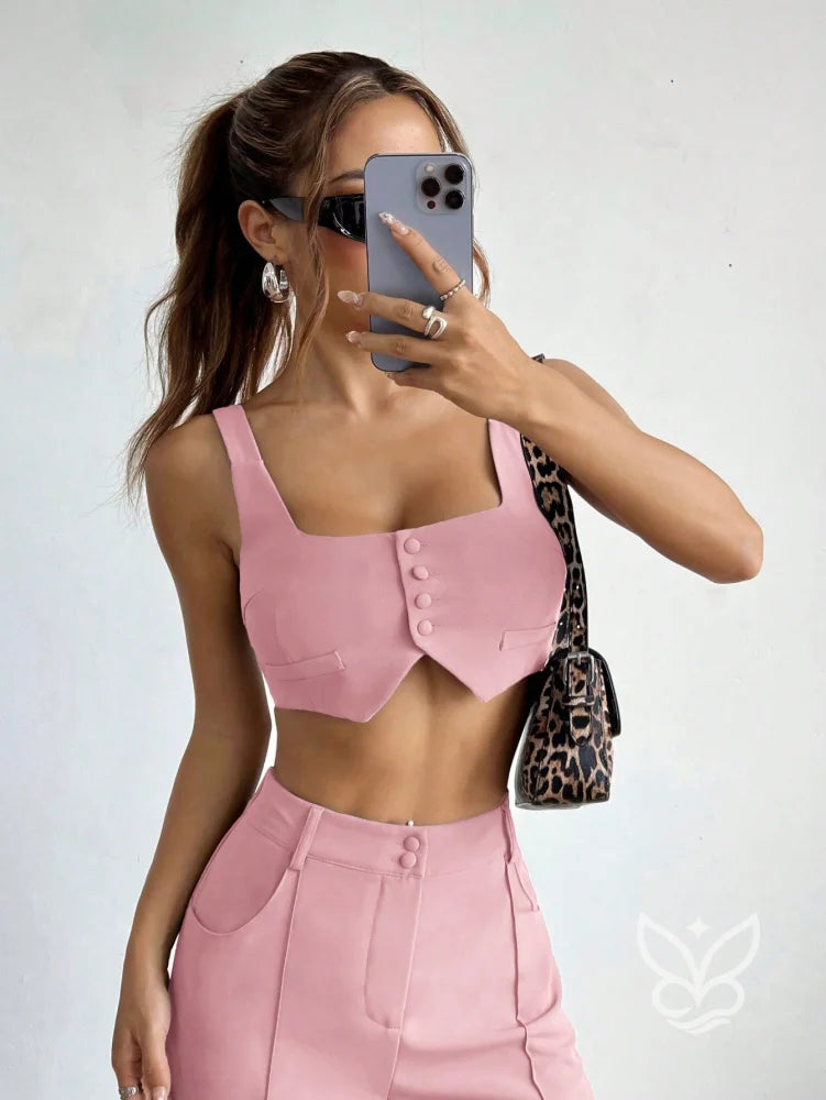 Conjunto Colete Alças Grossas Botões Frontais E Calça Pantalona Conjunto Colete Alças Grossas Botões Frontais E Calça