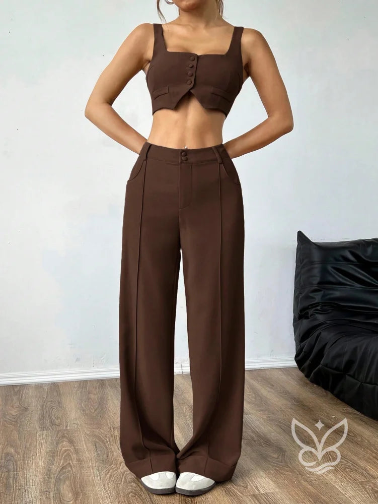 Conjunto Colete Alças Grossas Botões Frontais E Calça Pantalona Conjunto Colete Alças Grossas Botões Frontais E Calça
