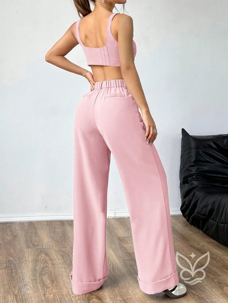 Conjunto Colete Alças Grossas Botões Frontais E Calça Pantalona Conjunto Colete Alças Grossas Botões Frontais E Calça