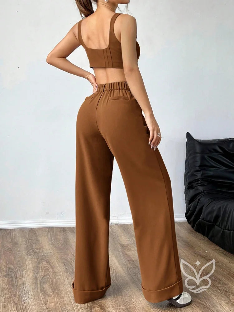 Conjunto Colete Alças Grossas Botões Frontais E Calça Pantalona Conjunto Colete Alças Grossas Botões Frontais E Calça