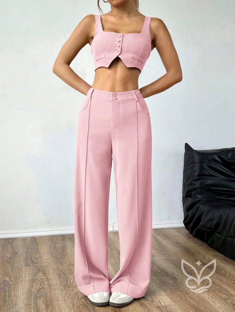 Conjunto Colete Alças Grossas Botões Frontais E Calça Pantalona Conjunto Colete Alças Grossas Botões Frontais E Calça