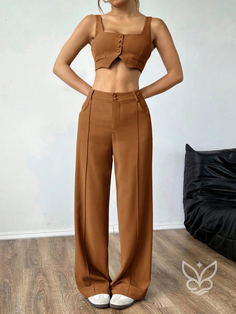 Conjunto Colete Alças Grossas Botões Frontais E Calça Pantalona Conjunto Colete Alças Grossas Botões Frontais E Calça