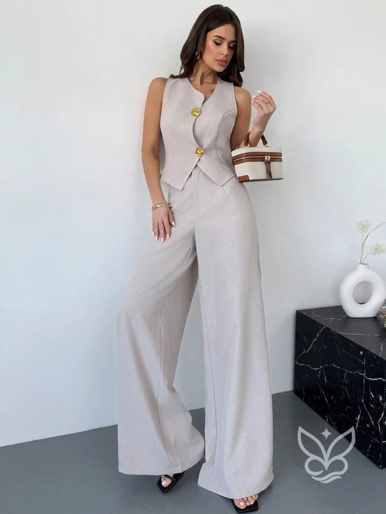 Conjunto Colete Assimétrico Com Fivela E Calça Pantalona Slimming Conjunto Colete Assimétrico Com Fivela E Calça