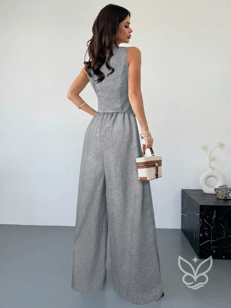 Conjunto Colete Assimétrico Com Fivela E Calça Pantalona Slimming Conjunto Colete Assimétrico Com Fivela E Calça