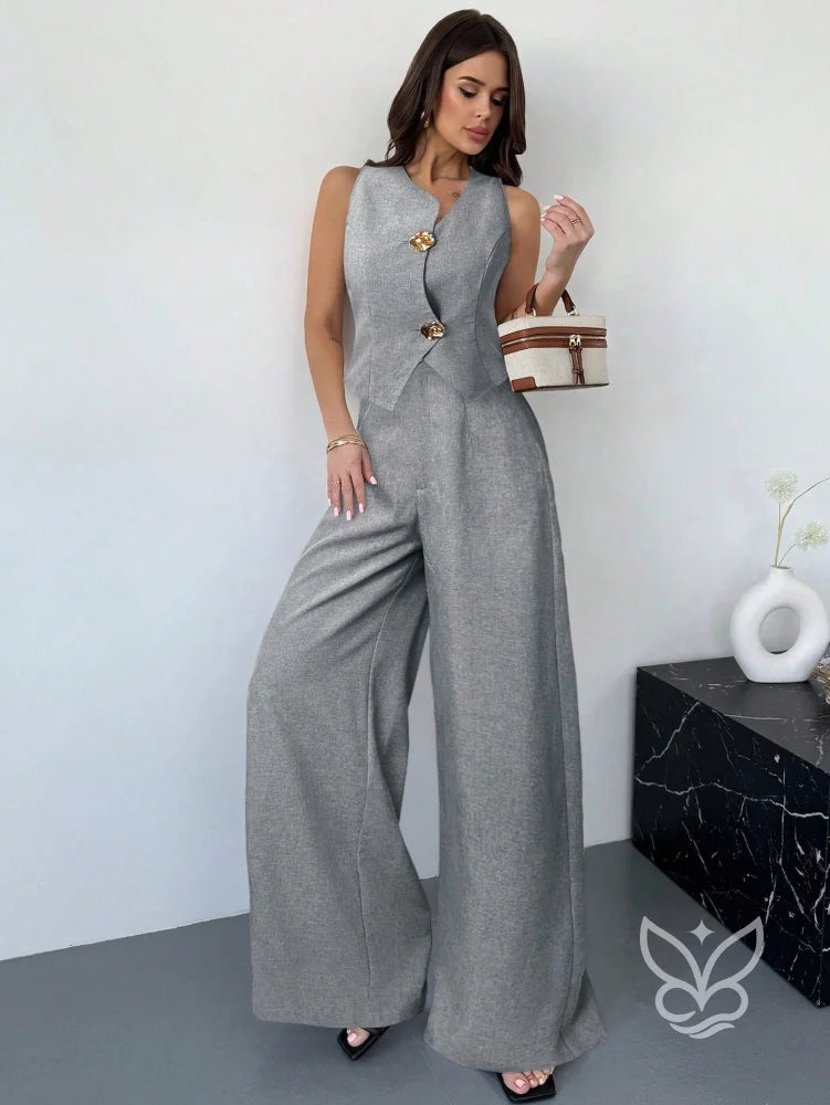 Conjunto Colete Assimétrico Com Fivela E Calça Pantalona Slimming Conjunto Colete Assimétrico Com Fivela E Calça
