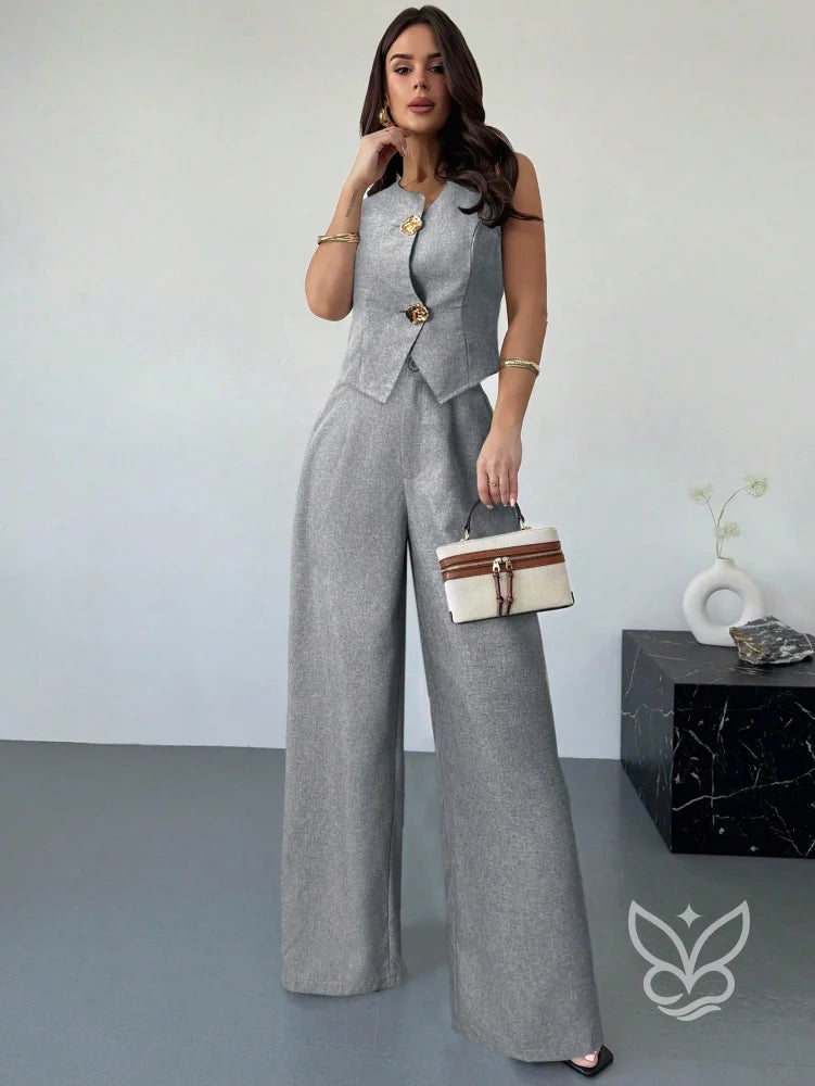Conjunto Colete Assimétrico Com Fivela E Calça Pantalona Slimming Cinza / PP Conjunto Colete Assimétrico Com Fivela E